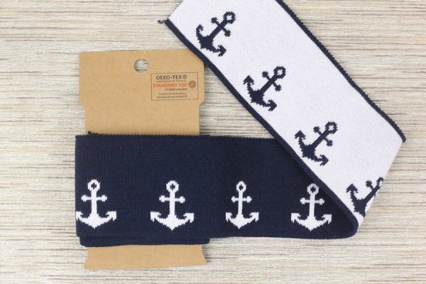 Preview: BOORD CUFFS Anker, doubleface Bündchen für Kragen, Saum, blau mit Anker