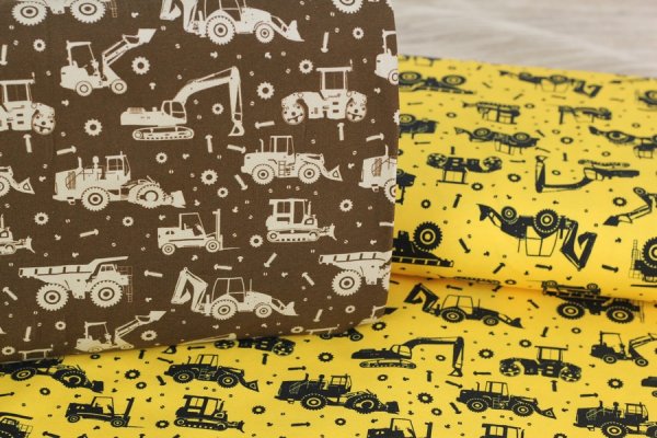 Preview: Baumwolljersey Baustellenfahrzeuge gelb