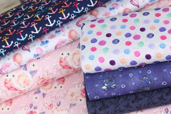 Preview: Sommersweat Blumen schwarz auf Jeansblau