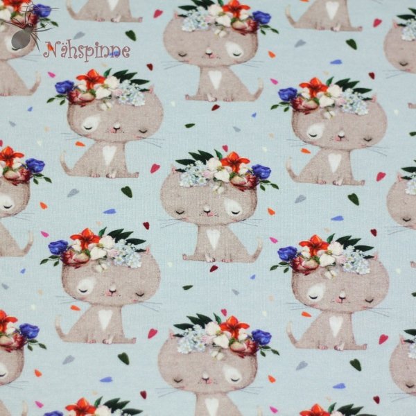 Jersey niedliche Katzen auf blau mit Blumenkranz